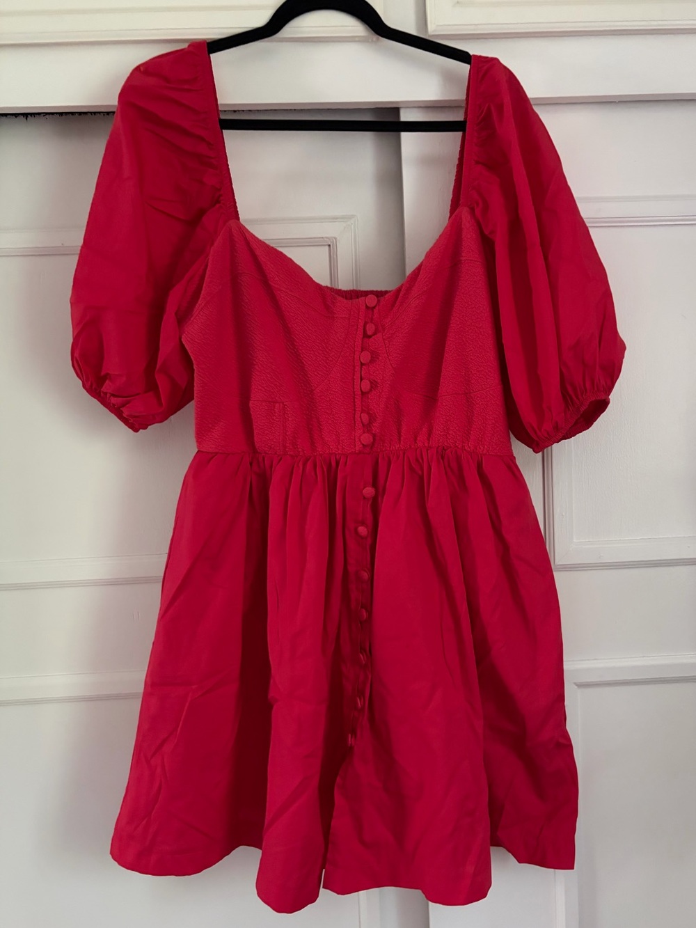 Maeve by Anthropologie, salmon pink dress with puff sleeves; size XL